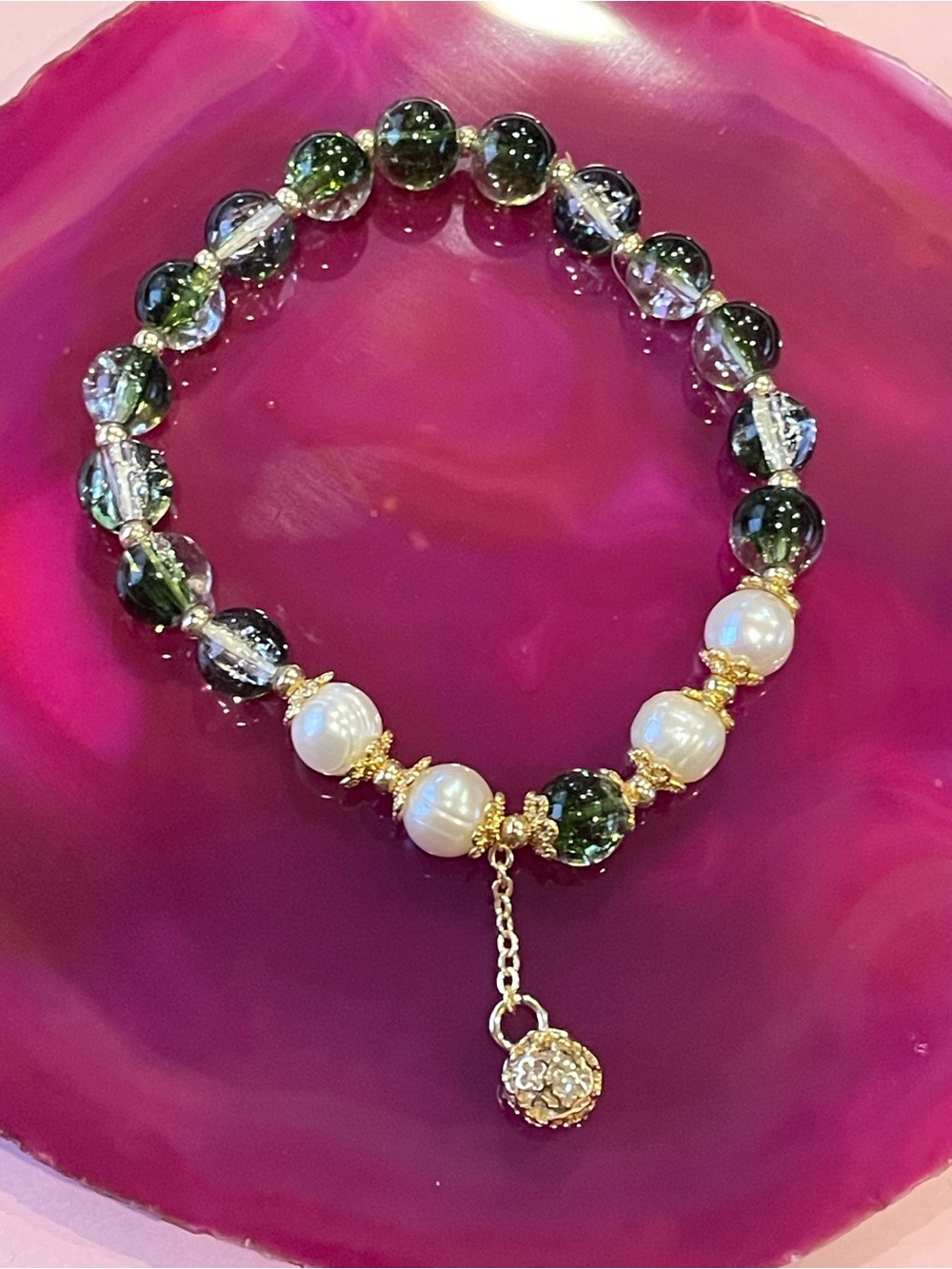 Gold Tone Glass Bead Genuine Pearl Handmade Stretch Bracelet #9413